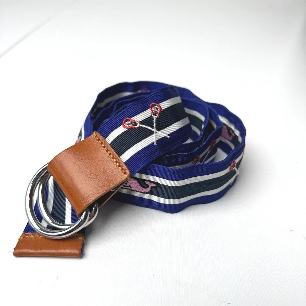 Vineyard Vines Mens Navy Striped Lacrosse Whale D-Ring Belt Leather Trim Size M